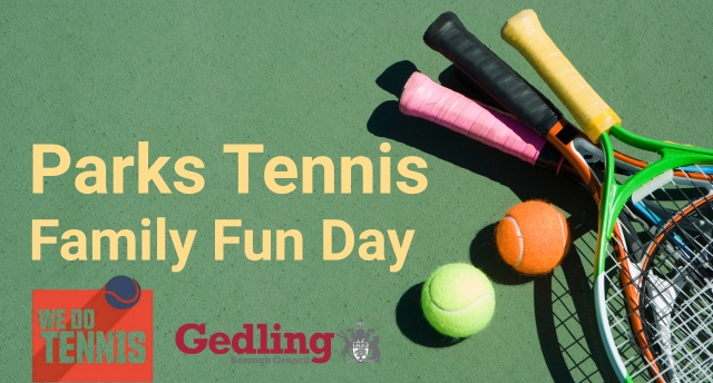 tennis rackets and balls on a green background. Text reads Parks Tennis Family Fun Day